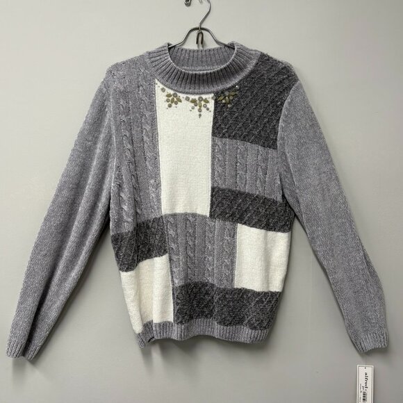 Alfred Dunner Petite XL Silver Patchwork Long Sleeve Beaded Sweater - Picture 1 of 10